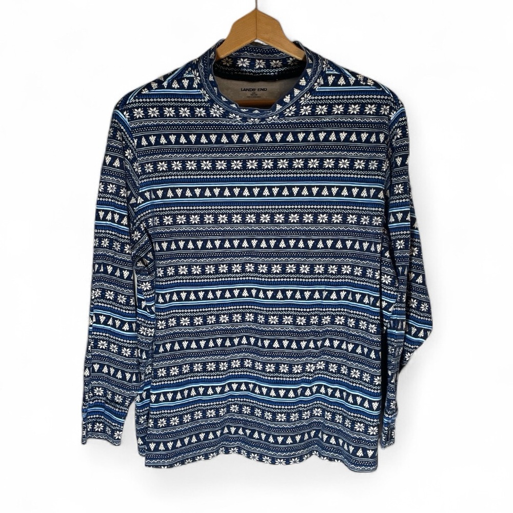 F4- Snowflake Lands' End Men's Navy Geometric Long Sleeve Shirt delete winter